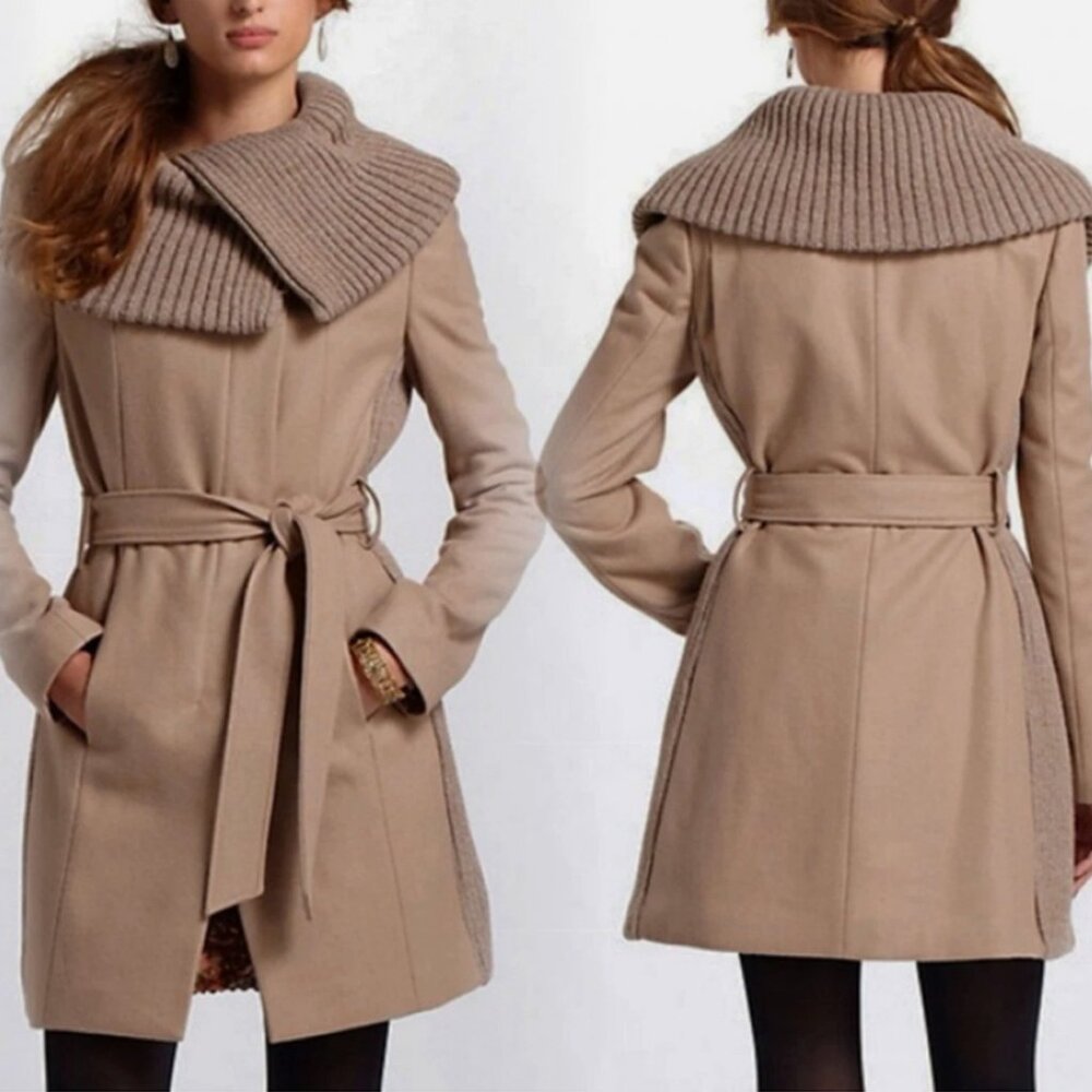 Anthropologie Elevenses Judith Wool Blend Belted Coat Knit Collar‎ Panels Tan 6